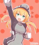  &gt;:d 1girl :d aqua_eyes arms_up artist_name black_skirt blonde_hair blush cbgb gloves hair_ornament heart heart_background kantai_collection long_hair long_sleeves looking_at_viewer microskirt military military_uniform open_mouth outline pleated_skirt prinz_eugen_(kantai_collection) skirt smile solo twintails uniform white_gloves 