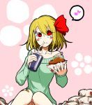  alternate_costume bandaid bandaid_on_knee blonde_hair blush drinking drinking_straw flower flower_on_head food hamburger musical_note noumen red_eyes rumia soda spoken_musical_note sweater tank_top touhou 