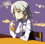  1girl blush cup drink green_eyes holding lights long_sleeves lowres military military_uniform necktie sanya_v_litvyak shiratama_(hockey) short_hair silver_hair sitting smile solo strike_witches table uniform 