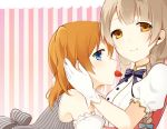  2girls alternate_hairstyle blue_eyes bow brown_eyes brown_hair chisumi food fruit gloves kousaka_honoka looking_at_viewer love_live!_school_idol_project minami_kotori multiple_girls orange_hair side_ponytail smile strawberry tagme white_gloves yuri 