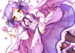  1girl :d animal_ears bow cape cat_ears dutch_angle flower hair_bow hair_ribbon holding looking_at_viewer open_mouth original petals purple_hair ribbon rose shitou smile solo wind yellow_eyes 