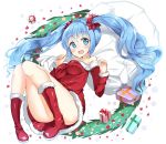  1girl artist_request blue_eyes blue_hair blush boots christmas gift hatsune_miku long_hair open_mouth sack santa_costume solo twintails vocaloid wreath 