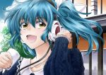  1girl :d blue_hair brown_eyes close-up digital_media_player headphones highres holding long_hair looking_at_viewer open_mouth original smile solo twintails wind yukiharu 