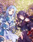  2girls asuna_(sao-alo) blue_eyes blue_hair detached_sleeves field fingerless_gloves flower flower_field gloves long_hair lying multiple_girls nononon pointy_ears purple_hair sleeping smile sword_art_online thigh-highs yuuki_(sao) zettai_ryouiki 