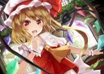  1girl ascot blonde_hair blush bow flandre_scarlet hat hat_bow laevatein muireko open_mouth red_eyes side_ponytail solo touhou window wings wrist_cuffs 