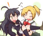  ! 2girls ahoge black_hair blonde_hair blush carrying closed_eyes crescent kantai_collection konokiya long_hair maikaze_(kantai_collection) mikazuki_(kantai_collection) multiple_girls open_mouth ponytail princess_carry school_uniform twitter_username white_background yellow_eyes 