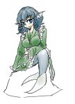  1girl blue_eyes blue_hair breasts curly_hair dress green_dress head_fins japanese_clothes kimono large_breasts long_sleeves looking_at_viewer lowres mermaid monster_girl pose sazamushi short_hair simple_background sketch smile solo touhou wakasagihime white_background wide_sleeves 