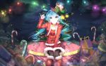  1girl aqua_eyes aqua_hair bai_yemeng bell bell_collar boots candy candy_cane christmas collar fur_boots gift hat hatsune_miku highres jingle_bell knee_boots long_hair night pinky_out red_boots revision santa_boots sitting skirt smile solo thigh-highs top_hat twintails vocaloid 