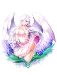  1girl aile_(crossroads) bare_legs bare_shoulders barefoot blue_eyes blush breasts cleavage dress earrings elizabeth_liones full_body hair_over_one_eye highres jewelry long_hair looking_at_viewer nanatsu_no_taizai silver_hair solo very_long_hair white_dress wings 