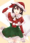  1girl :d absurdres alternate_costume bag brown_eyes brown_hair capelet elbow_gloves gloves hair_flaps hand_on_own_head hat highres hiryuu_(kantai_collection) kantai_collection komachi_naruta neck_ribbon one_eye_closed open_mouth ribbon ribbon-trimmed_skirt santa_hat smile thigh-highs zettai_ryouiki 