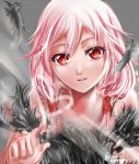  1girl bare_shoulders feathers fingers guilty_crown hair_ornament hairclip heart long_hair looking_at_viewer open_mouth pink_hair red_eyes smile solo twintails yuzuriha_inori 