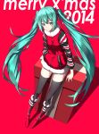  1girl 2014 aqua_eyes aqua_hair boots christmas cross-laced_footwear fame_peera gift hand_in_pocket hatsune_miku highres lace-up_boots long_hair merry_christmas red_background solo thigh-highs twintails very_long_hair vocaloid 