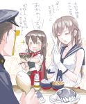  2girls :d admiral_(kantai_collection) bird blush bowl braid brown_hair chick chopsticks closed_eyes egg food gloves japanese_clothes kaga_(kantai_collection) kantai_collection long_hair multiple_girls muneate noshiro_(kantai_collection) open_mouth plate school_uniform serafuku shinkaisei-kan sleeveless smile solid_circle_eyes translation_request twin_braids white_gloves yanami 