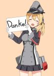  1girl ^_^ anchor_hair_ornament blush breasts closed_eyes cowboy_shot german gloves hat kantai_collection low_twintails open_mouth orange_background peaked_cap prinz_eugen_(kantai_collection) sign skirt solo takayaki twintails white_gloves 