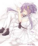  1girl character_name closed_eyes crescent_hair_ornament dress fetal_position frilled_dress frills hair_ornament kantai_collection komachi_naruta light_smile lolita_fashion lying purple_hair shoes short_hair_with_long_locks sleeping sweet_lolita thigh-highs twitter_username yayoi_(kantai_collection) 