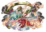  &gt;:o 1girl :o amaterasu_(p&amp;d) arrow barefoot blue_hair bow_(weapon) fire green_eyes hakama_pants japanese_clothes kei_(keiclear) long_hair open_mouth puzzle_&amp;_dragons quiver simple_background solo very_long_hair weapon white_background 