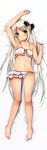  1girl absurdres arm_up artist_request bed_sheet bikini bikini_skirt blonde_hair blush dakimakura front-tie_bikini front-tie_top green_eyes hair_ornament highres legs sheet_grab side-tie_bikini swimsuit tsukumo-tan twintails white_bikini white_swimsuit 