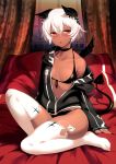  1girl black_rock_shooter dark_skin demon_tail flat_chest highres hoodie off_shoulder panties red_eyes rogia sitting solo strength_(black_rock_shooter) tail tattoo thigh-highs underwear white_hair wings 
