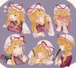  1girl bangs blonde_hair blush breast_rest breasts bust choker closed_eyes closed_fan dress drooling ears expressionless facial_expressions fan finger_to_mouth folding_fan full-face_blush gap hair_up hand_in_hair hands_on_own_cheeks hands_on_own_face hat hat_ribbon head_rest head_tilt lavender_background long_hair looking_at_viewer mob_cap okomedaisuki5 open_mouth profile purple_dress ribbon ribbon_choker simple_background sketch sleeping smile solo steam tabard teeth tongue touhou translation_request violet_eyes yakumo_yukari 