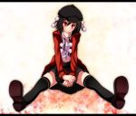  1girl adapted_costume between_legs black_hair black_legwear hair_between_eyes hand_between_legs highres hooded_track_jacket looking_at_viewer miniskirt navel open_clothes red_eyes s-syogo shameimaru_aya short_hair sitting skirt slit_pupils smile solo spread_legs thigh-highs touhou unbuttoned white_blouse zettai_ryouiki 