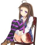  1girl ashu boots brown_hair chair idolmaster idolmaster_cinderella_girls koseki_reina leg_hug long_hair long_sleeves necktie pleated_skirt school_uniform shirt sitting skirt solo striped striped_legwear thigh-highs thigh_boots vest violet_eyes zettai_ryouiki 