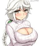  1girl alternate_costume blush braid breasts brown_eyes bust cleavage cleavage_cutout don_(29219) kantai_collection large_breasts long_hair looking_at_viewer open-chest_sweater ribbed_sweater simple_background single_braid solo sweater turtleneck unryuu_(kantai_collection) very_long_hair white_background white_hair 