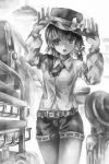  1girl arms_up artist_name bow hair_bow hat luggage monochrome nagayo necktie open_mouth ribbon short_hair skirt solo touhou usami_renko 