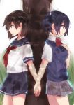  2girls against_tree alternate_costume blue_eyes blue_hair brown_hair hair_ribbon hand_on_own_chest highres hiryuu_(kantai_collection) holding_hands kantai_collection komachi_naruta multiple_girls neckerchief pleated_skirt ribbon sailor_collar school_uniform serafuku short_hair skirt souryuu_(kantai_collection) tree twintails 