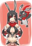  1girl animal_ears black_hair breasts bust character_request choker cleavage detached_sleeves eyepatch facial_tattoo flower_eyepatch hands_on_hips long_hair midriff navel phantasy_star phantasy_star_online_2 rabbit_ears red_eyes red_scarf scarf shirogane_usagi star tattoo twintails 