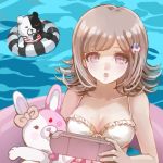  1girl bikini blush breasts chiko_(d04099) cleavage dangan_ronpa flipped_hair hair_ornament hairclip monokuma monomi_(dangan_ronpa) nanami_chiaki pink_eyes pink_hair playstation_portable short_hair solo super_dangan_ronpa_2 swimsuit 