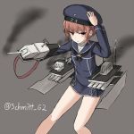  1girl bangs bare_legs blue_dress blunt_bangs brown_background brown_eyes brown_hair dress hand_on_headwear hat kantai_collection looking_at_viewer machinery neckerchief sailor_collar sailor_dress sailor_hat short_hair simple_background smoke solo twitter_username z3_max_schultz_(kantai_collection) 