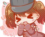 &gt;_&lt; 1girl :d bloom2425 blush_stickers brown_hair chibi flying_sweatdrops japanese_clothes kantai_collection kariginu open_mouth ryuujou_(kantai_collection) smile translated twintails visor_cap 