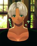  1girl ? arisen_(dragon&#039;s_dogma) blue_eyes breasts bust cleavage close-up collarbone dark_skin dragon&#039;s_dogma grey_hair large_breasts lips nanakichi parted_lips short_hair solo translation_request 