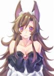  1girl animal_ears bare_shoulders blush breasts brooch brown_eyes brown_hair cleavage dress highres imaizumi_kagerou jewelry long_hair looking_at_viewer red_eyes simple_background sketch solo suzuka_sario touhou trembling wavy_mouth white_background wolf_ears 