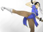  1girl black_hair boots bracelet brown_legwear bun_cover china_dress chinese_clothes chun-li cross-laced_footwear double_bun highres jewelry kicking knee_boots lace-up_boots pantyhose red_eyes san_(sinji-koro) shiny shiny_clothes short_hair solo spiked_bracelet spikes street_fighter white_background 