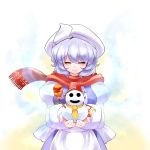  1girl b-q bow bucket closed_eyes hair_bow hat letty_whiterock mittens purple_hair ribbon scarf short_hair smile snowman solo touhou 