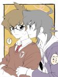  2boys blush brown_hair bust danball_senki flat_color glasses grey_hair heart male_focus multiple_boys necktie ochi_marco oozora_hiro spoken_heart sweat sweater translation_request yamano_ban 