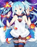  1girl 7th_dragon_2020 absurdres blue_eyes blue_hair hatsune_miku highres leaf long_hair open_mouth partially_submerged pirumjuice skirt solo thigh-highs twintails vocaloid 