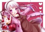  1girl :d bow chocolate chocolate_heart hair_bow hair_ribbon hairband heart hooded_jacket long_hair looking_at_viewer open_mouth original ribbon shitou silver_hair smile solo twintails valentine violet_eyes 