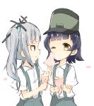  2girls arare_(kantai_collection) black_hair bow cleaning_face collared_shirt dai_yamaimo food food_on_face hair_bow hair_ornament hat holding ice_cream ice_cream_cone kantai_collection kasumi_(kantai_collection) long_hair multiple_girls napkin one_eye_closed short_hair short_sleeves side_ponytail silver_hair skirt suspenders yellow_eyes 