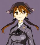  1girl animal_ears black_ribbon brown_eyes brown_hair collared_shirt dog_ears gertrud_barkhorn hair_ribbon long_hair long_sleeves lowres military military_uniform purple_background ribbon shiratama_(hockey) simple_background smile solo strike_witches twintails uniform 