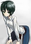  1girl all_fours belt bent_over black_hair dress_shirt expressionless flat_chest fushoku green_eyes kino kino_no_tabi shirt short_hair simple_background solo 