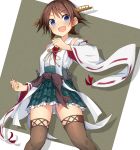  1girl :d blue_eyes blush brown_hair brown_legwear detached_sleeves headgear hiei_(kantai_collection) highres kantai_collection metindone nontraditional_miko open_mouth skirt smile solo 