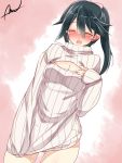  1girl black_hair blush cleavage_cutout commentary hair_ribbon houshou_(kantai_collection) kantai_collection long_hair mtu_(orewamuzituda) open-chest_sweater open_mouth ponytail ribbed_sweater ribbon signature sweater tears turtleneck 