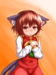  1girl blush brown_eyes brown_hair cat_tail chen hands_on_own_chest hands_together highres korai looking_at_viewer multiple_tails short_hair solo tail tears touhou 