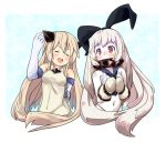  2girls ^_^ ahoge alternate_costume anchor_hair_ornament brown_hair closed_eyes cosplay costume_switch elbow_gloves gloves horns kantai_collection long_hair mittens multiple_girls mutsuki_nekohachi navel northern_ocean_hime northern_ocean_hime_(cosplay) open_mouth pale_skin red_eyes shimakaze_(kantai_collection) shimakaze_(kantai_collection)_(cosplay) shinkaisei-kan silver_hair smile white_gloves 
