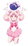  1girl arms_up bishoujo_senshi_sailor_moon boots bow brooch chibi_usa choker double_bun elbow_gloves gloves hair_ornament hairpin jewelry knee_boots luna-p magical_girl pink_hair pink_skirt pleated_skirt red_eyes ribbon sailor_chibi_moon saki_(hxaxcxk) short_hair skirt smile solo tiara twintails white_background white_gloves 
