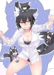  &gt;_&lt; 4girls animal_ears bared_teeth black_hair black_panties blush breasts cleavage fourth_wall fox_ears fox_tail highres large_breasts minigirl multiple_girls nanashi_(shirogane_usagi) original panties shirogane_usagi shirt short_hair tail tearing_paper unbuttoned underwear yellow_eyes 