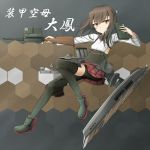  1girl bike_shorts boots bow_(weapon) brown_eyes brown_hair crossbow flight_deck hakama_skirt headband headgear kantai_collection looking_at_viewer machinery military military_uniform pleated_skirt rabochicken red_skirt short_hair skirt smile taihou_(kantai_collection) thigh-highs thigh_boots uniform weapon 