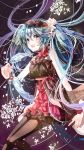  1girl 2014 absurdres dated dress fish flower hatsune_miku highres long_hair open_mouth solo thigh-highs very_long_hair vioro vocaloid 